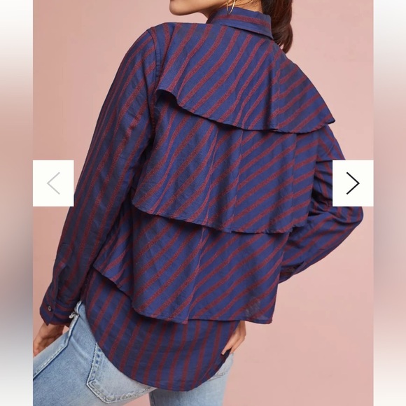Anthropologie AMO Womens Ruffled Prep Shirt Striped Academia Size Medium FLAWED - Picture 2 of 13